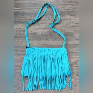 Hides in Hand Turquoise Leather Fringe Crossbody Boho Festival Bag
